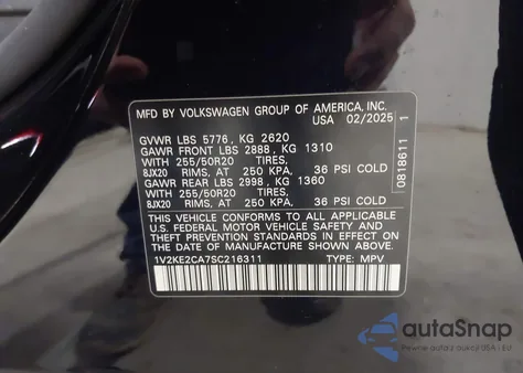 2025 Volkswagen Atlas Cross Sport 2.0T Se W/Technology z USA, uszkodzony, nr VIN 1V2KE2CA7SC216311